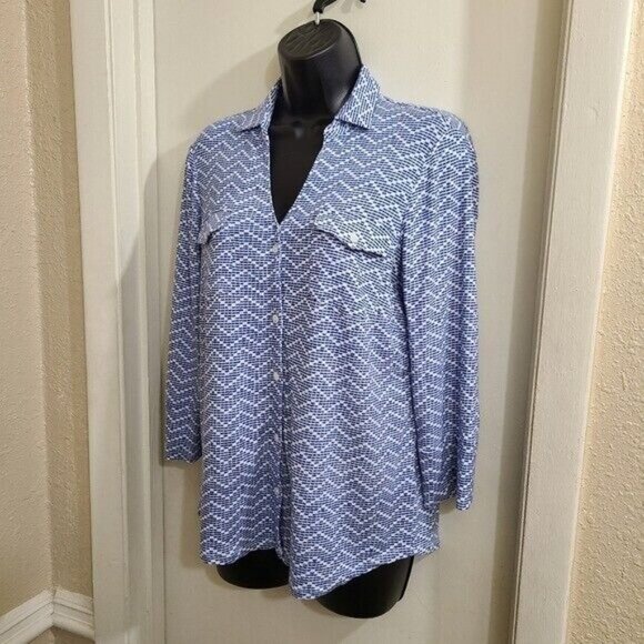 J. McLaughlin Brynn Linen Blue Printed Button Up Shirt M - Picture 5 of 8